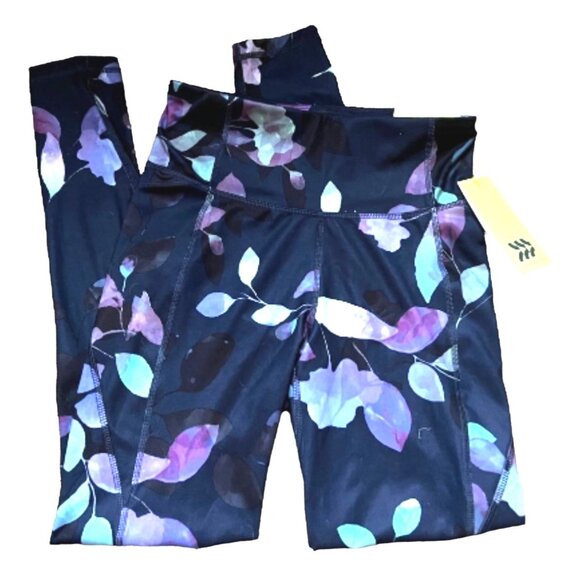 All In Motion Floral Active Leggings Sz XS Black Purple Workout Pants - Picture 7 of 9